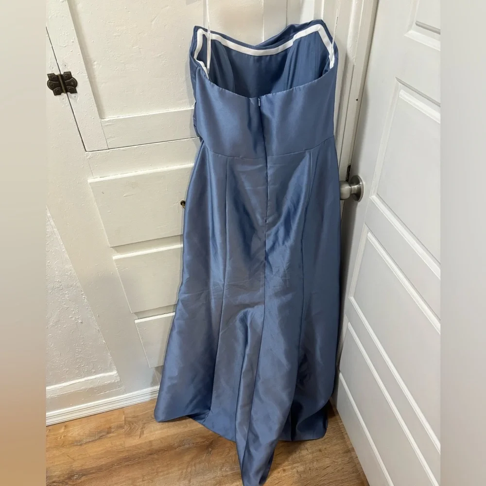 ALFRED SUNG Strapless Satin Maxi Gown in Dusty Blue - Picture 4 of 6